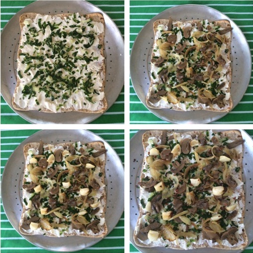 White Pizza w Caramelized Onions, Roasted Garlic, Mushrooms and Spinach